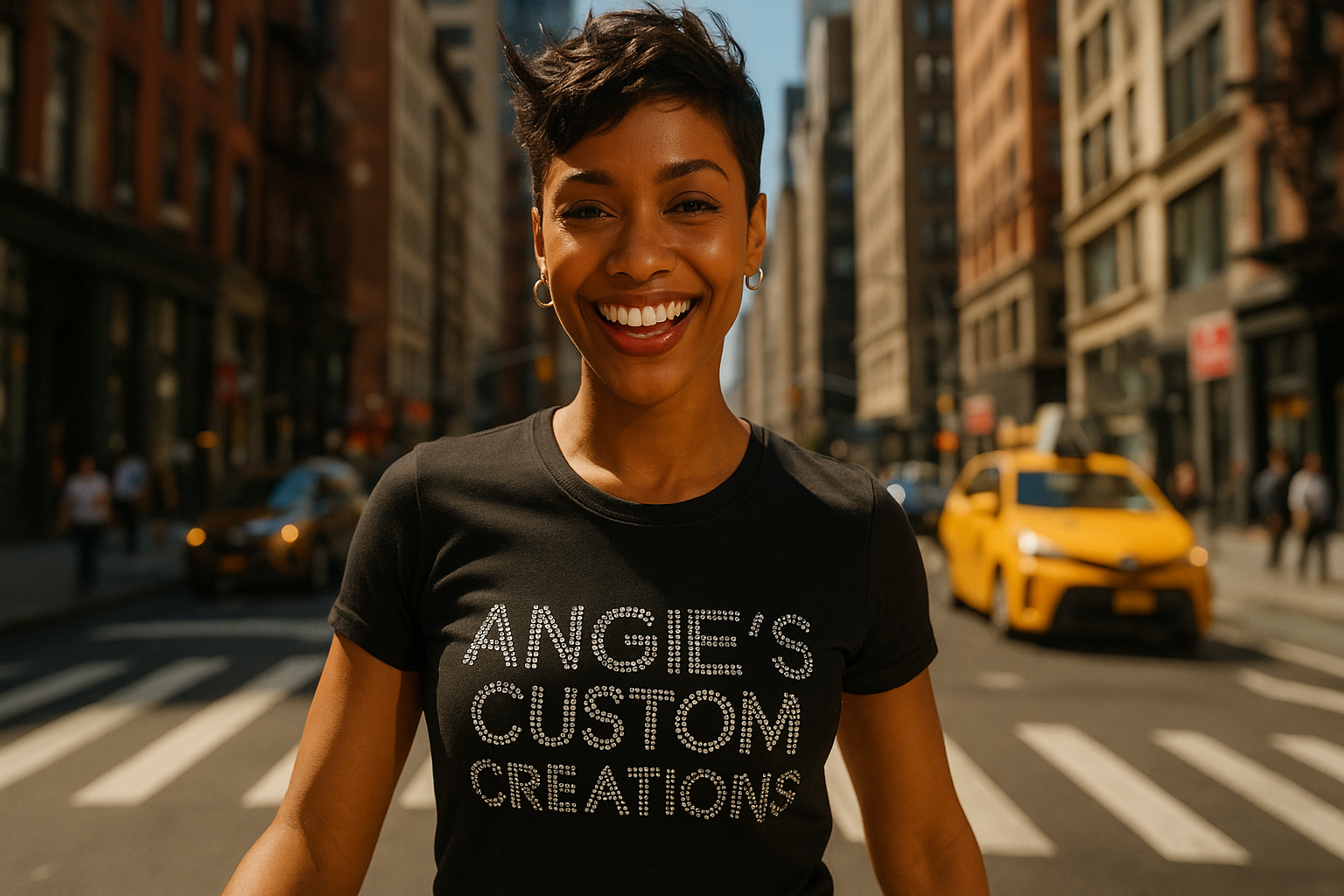 With the vibrant energy of a Manhattan street as a backdrop, a confident African American woman with cinnamon brown skin and an edgy pixie cut glows in a daring mid-afternoon light. A dynamic tracking shot flows alongside her as she struts confidently, rhinestones winking in the sunlight on her shirt from Angie's Custom Creations. Just as she flashes a playful smile into the camera, we shift to a close-up that captures her warmth and joy as she announces, 'My shirt is from Angie's Custom Creations.'