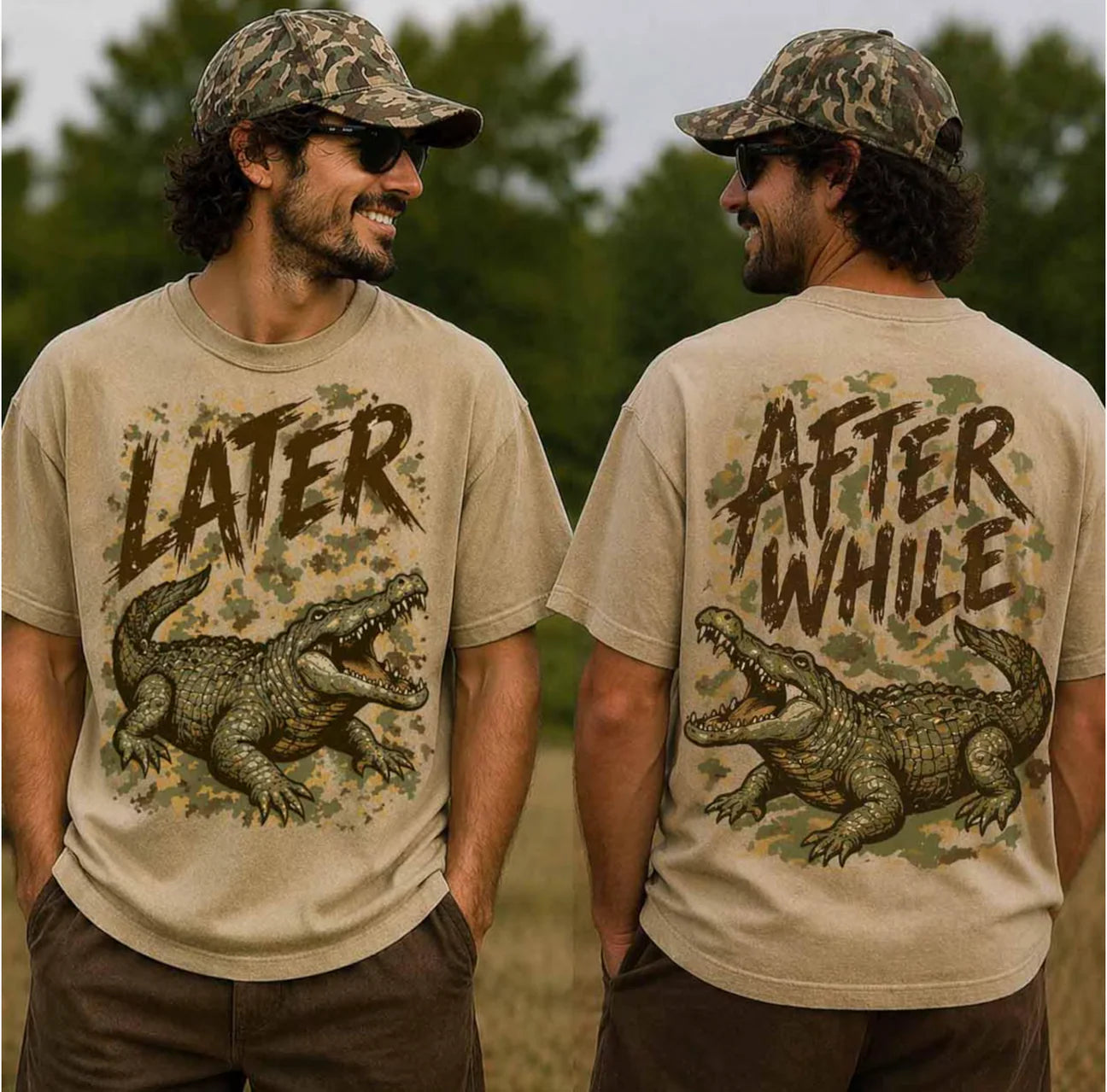 Later Gator After While Crocodile Camo front and back graphic shirt