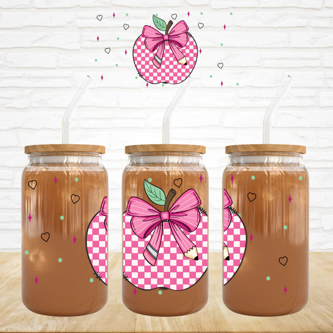 Pencil Bow Checkered Apple 16 oz Tumbler