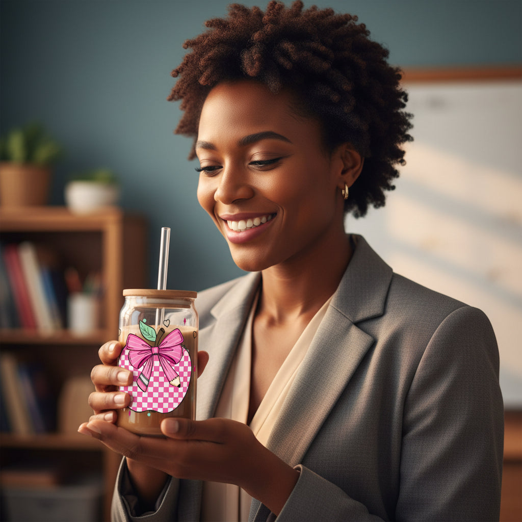 Pencil Bow Checkered Apple 16 oz Tumbler