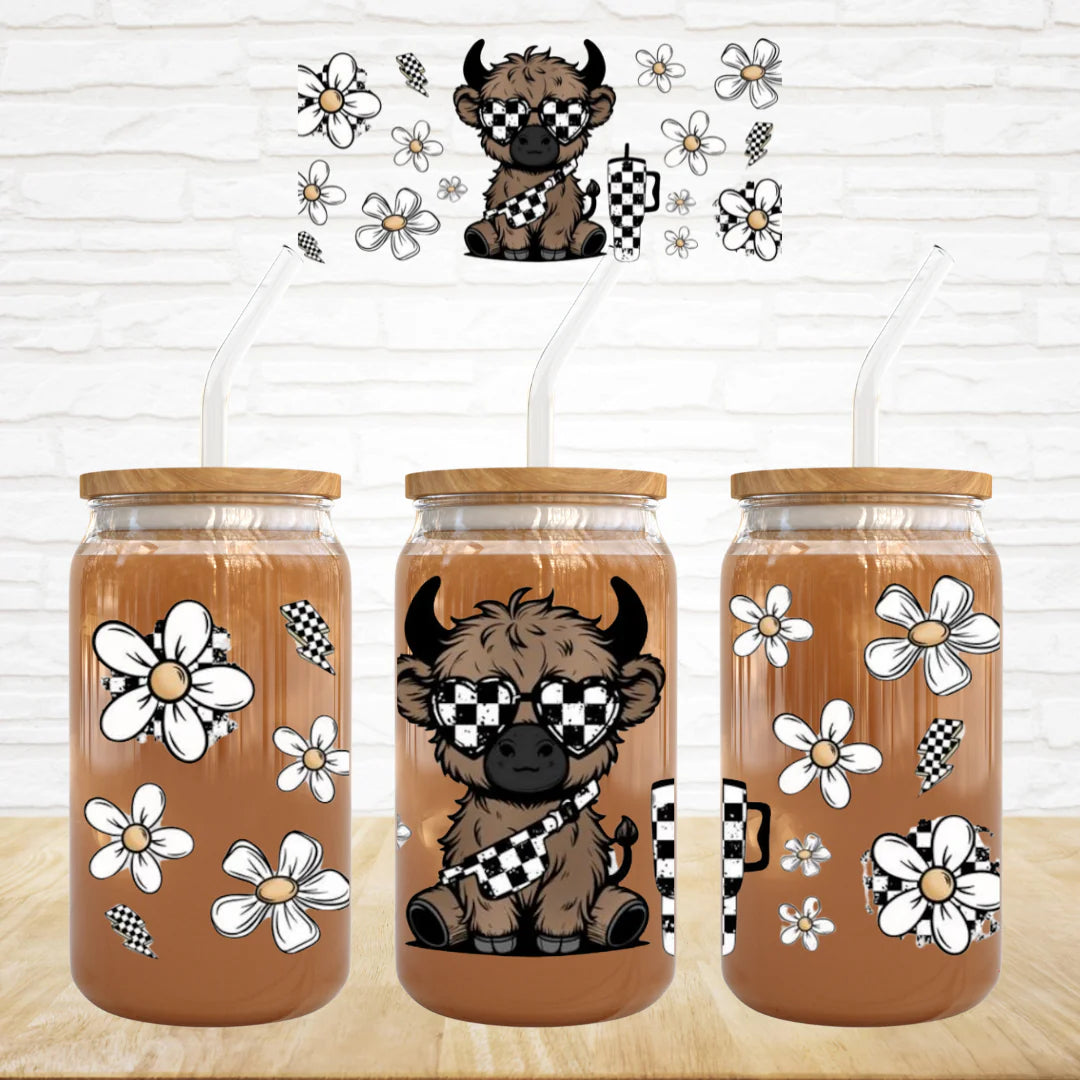 Cool checkered Highland Cow 16 oz