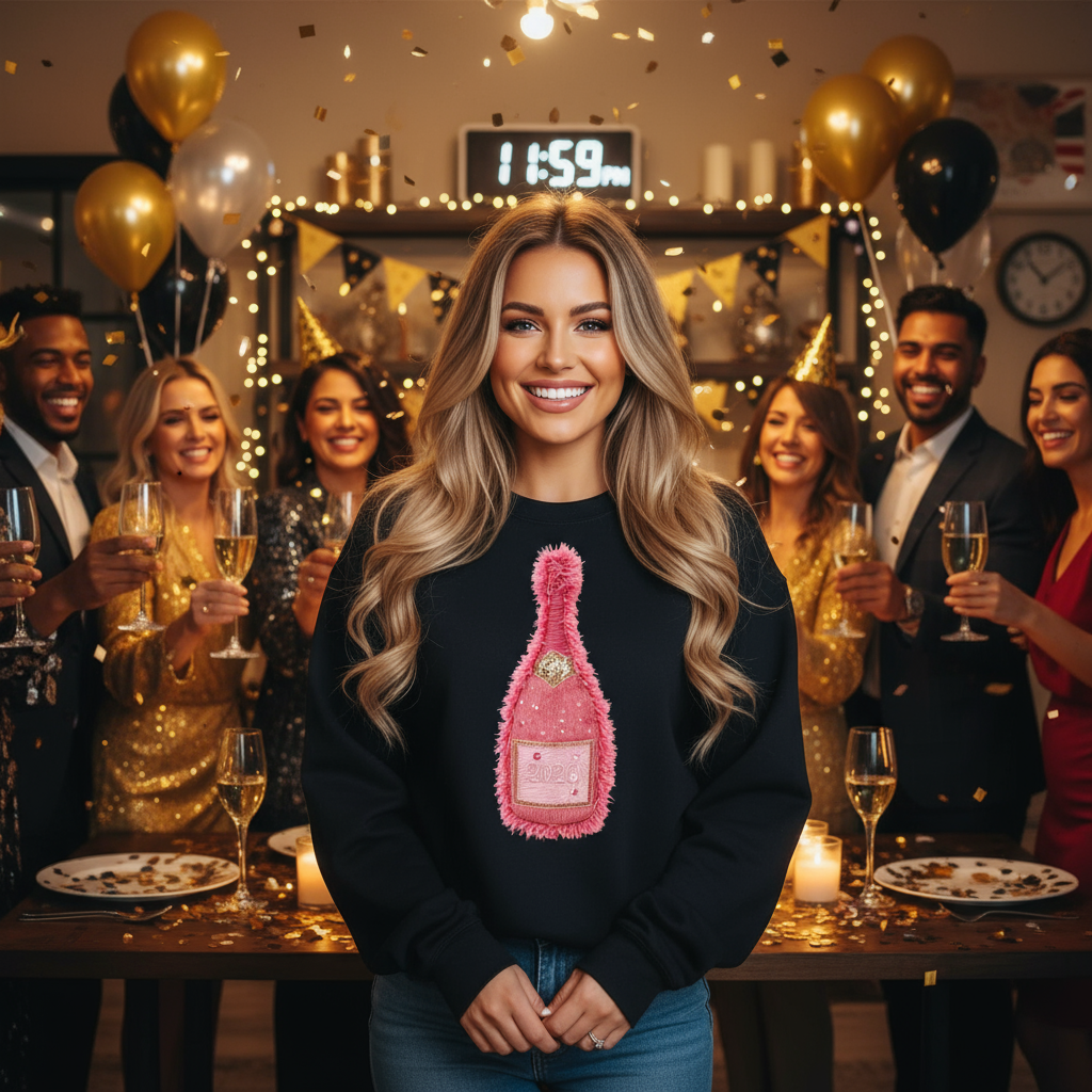 Welcome 2026! Pink Champagne Faux yarn Glitter Infused Graphic Shirt - Angie's Custom Creations