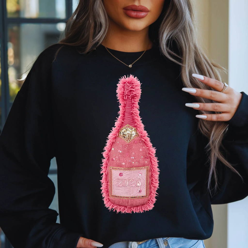 Welcome 2026! Pink Champagne Faux yarn Glitter Infused Graphic Shirt - Angie's Custom Creations