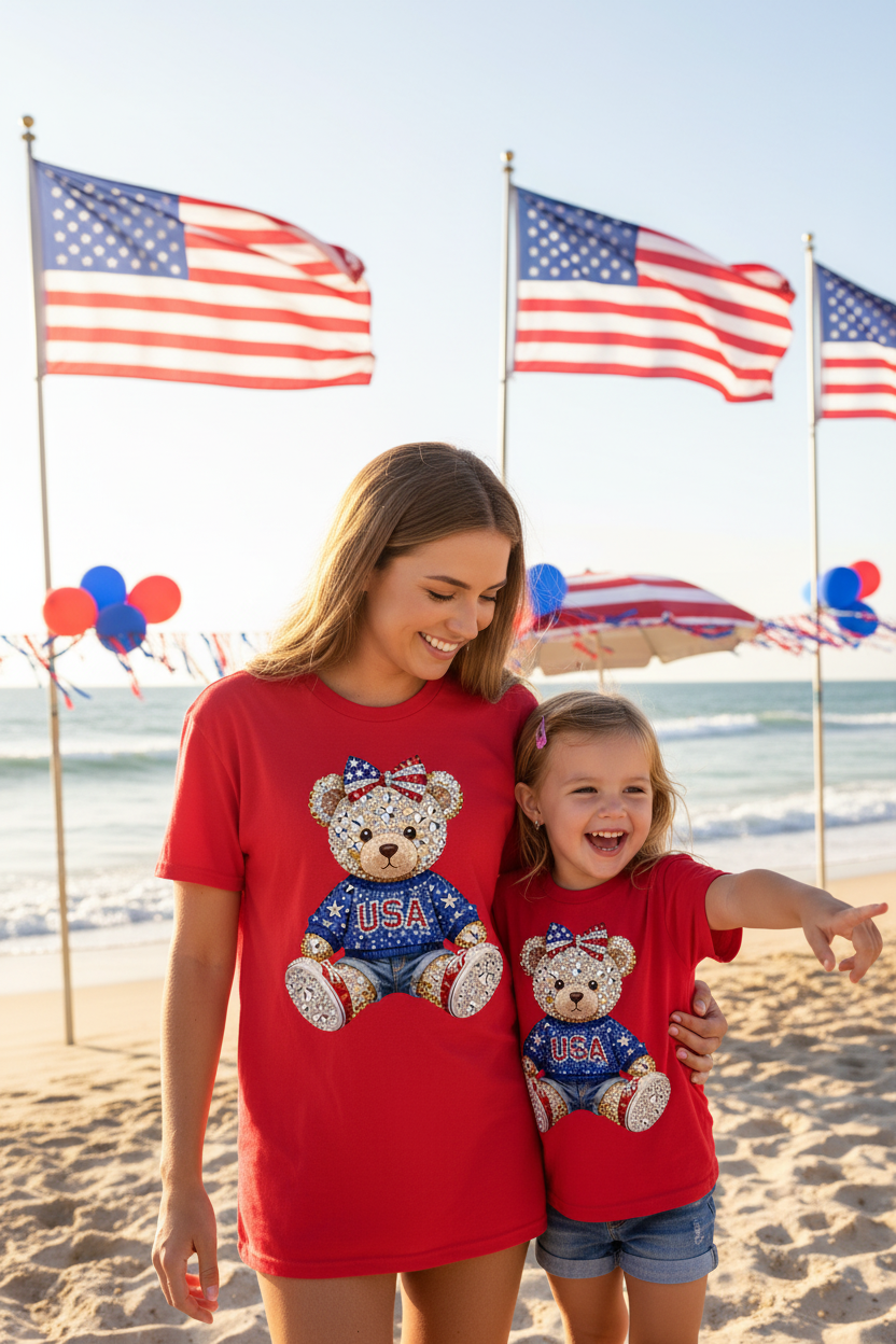 USA Faux Blinged Bear graphic shirt