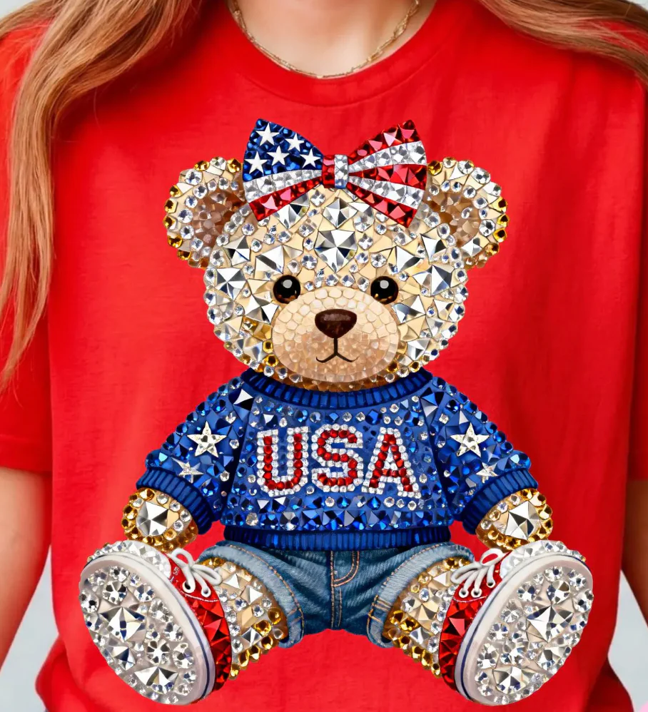 USA Faux Blinged Bear graphic shirt
