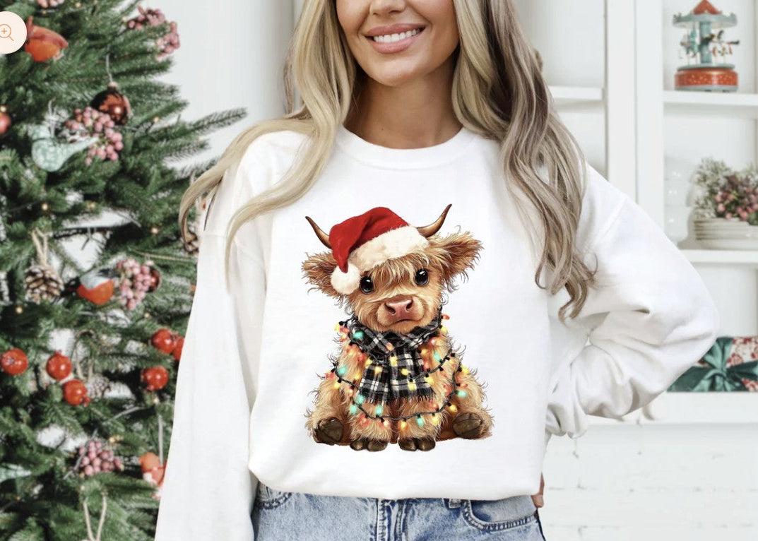 Highland Cow in Christmas lights glitter infused graphic shirt