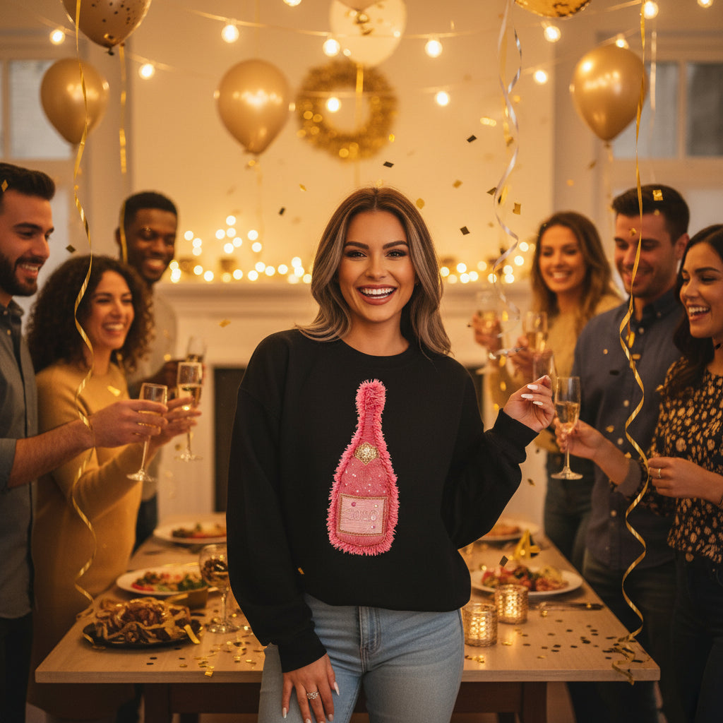 Welcome 2026! Pink Champagne Faux yarn Glitter Infused Graphic Shirt - Angie's Custom Creations