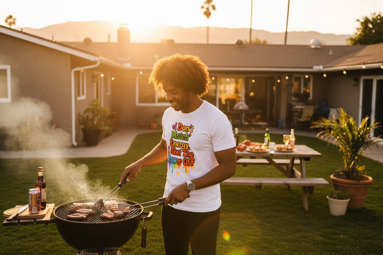 "I don't match energy I cut the power off" graphic shirt