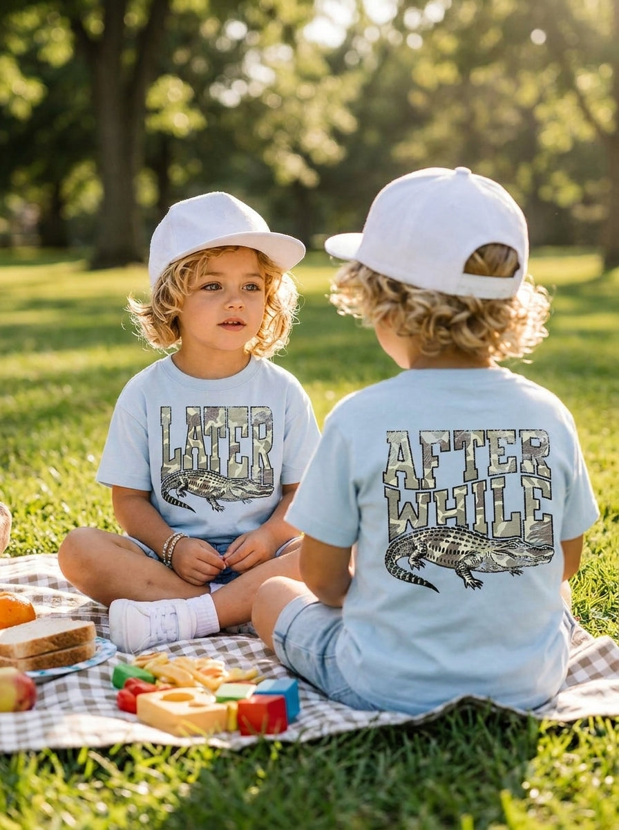 Later Gator After While Crocodile Camo youth graphic shirt