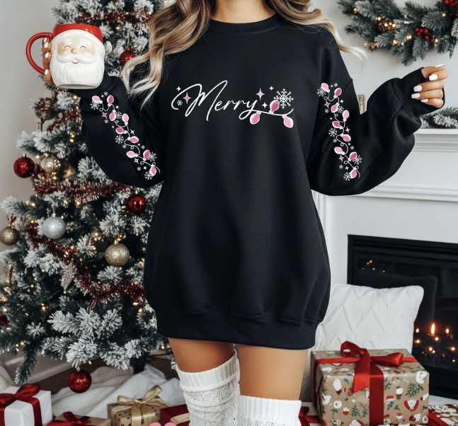 Merry, with Pink lights and all graphic shirt and sleeves - Angie's Custom Creations