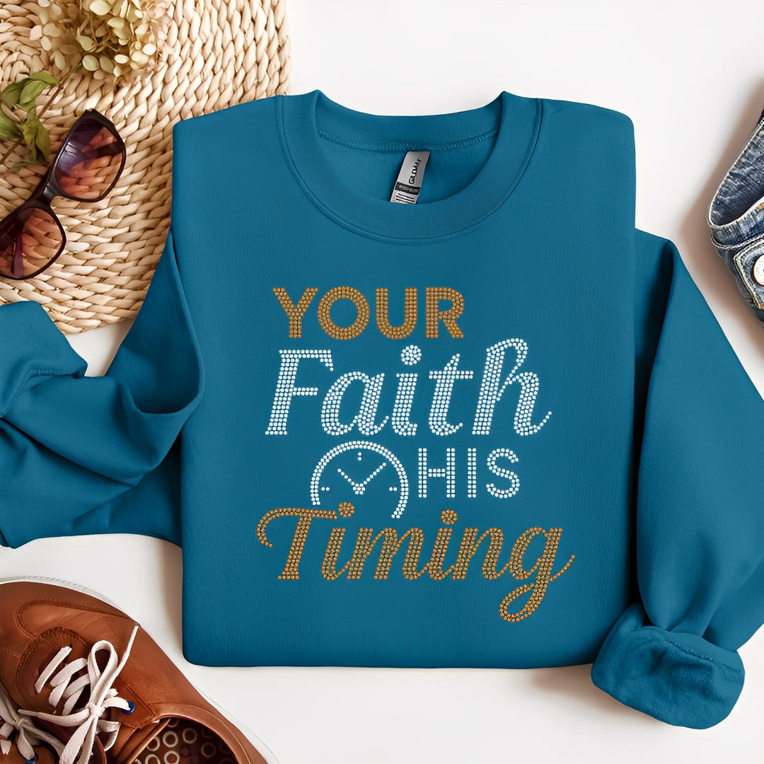 Your Faith Gods Timing Brilliant Orange and Crystal Rhinestone Graphic Shirt Angie's Custom Creations