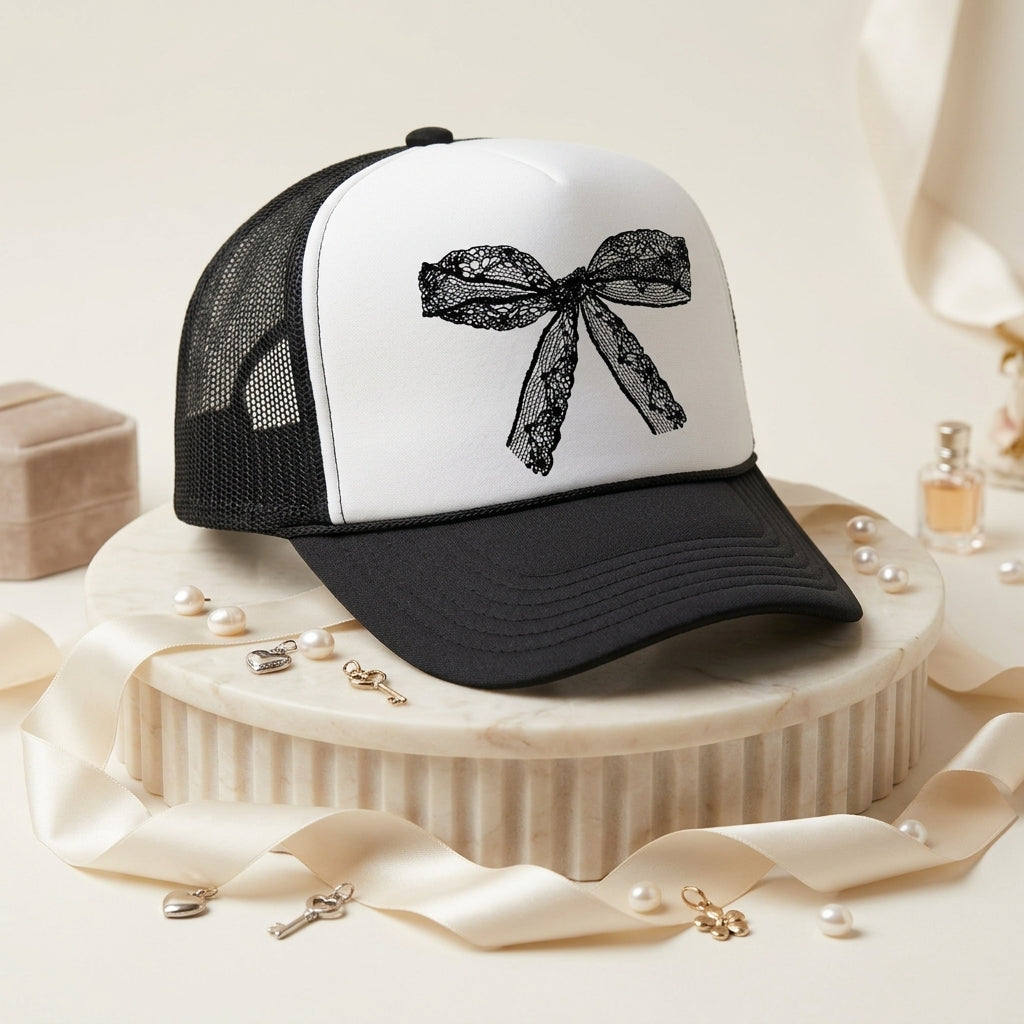 Faux Lace Bow Trucker Hat | Coquette Black & White Bow Hat