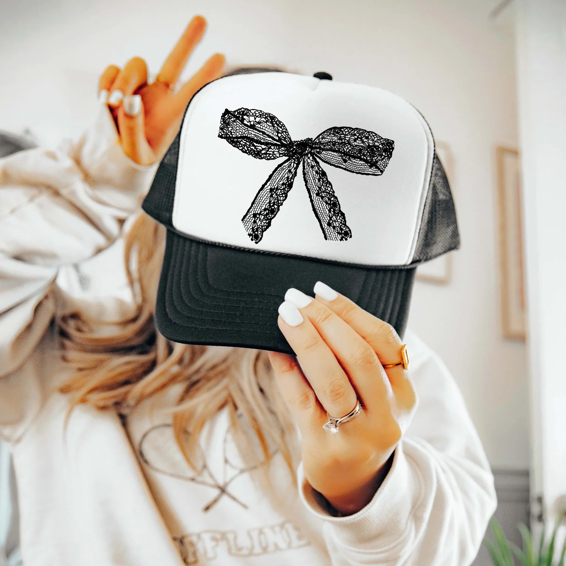 Faux Lace Bow Trucker Hat | Coquette Black & White Bow Hat