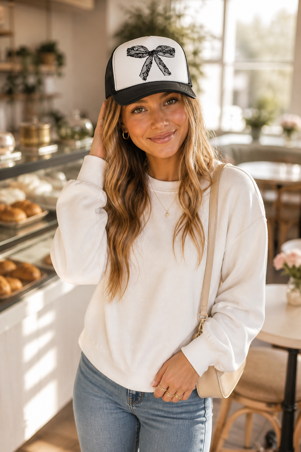 Faux Lace Bow Trucker Hat | Coquette Black & White Bow Hat