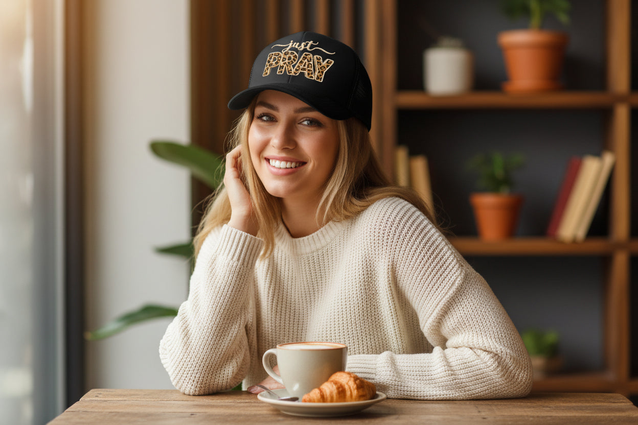 Just Pray Faux Yarn Hat Graphic