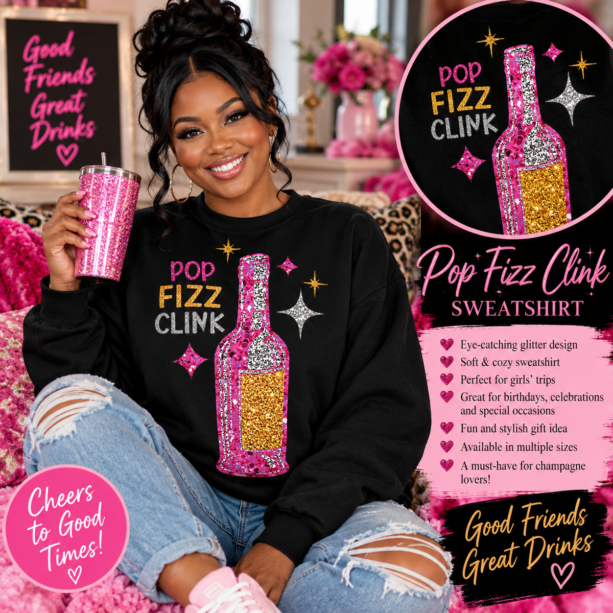 Pop Fizz Clink – Pink & Gold Glitter-Style Celebration Sweatshirt