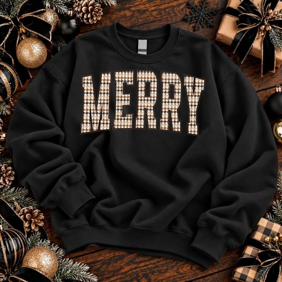 MERRY Houndstooth Christmas Sweatshirt – Adult  🎄