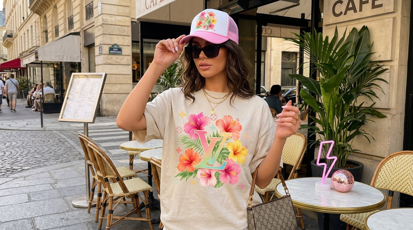 Tropical Hibiscus Graphic Set Trucker Hat + Tee Bundle | Boho Streetwear | Beach Vacation Outfit