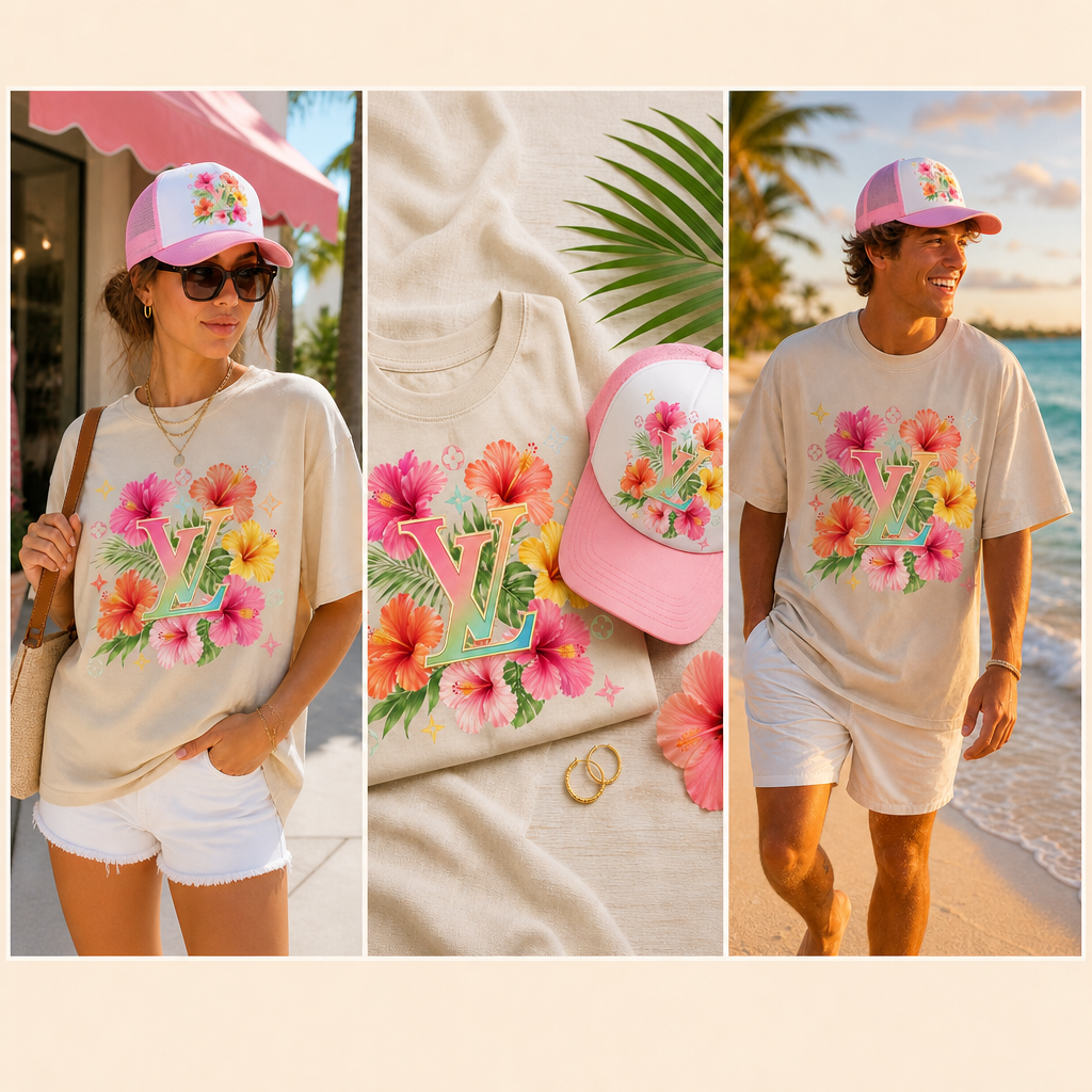 Tropical Hibiscus Graphic Set Trucker Hat + Tee Bundle | Boho Streetwear | Beach Vacation Outfit