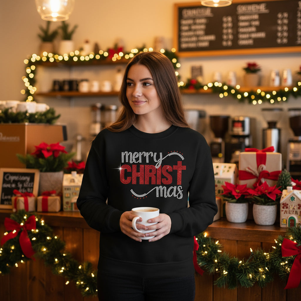 Merry CHRISTmas Rhinestone graphic Shirt - Angie's Custom Creations