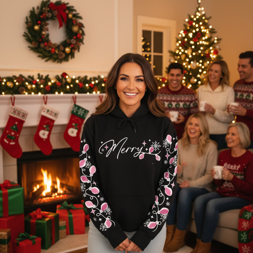 Merry, with Pink lights and all graphic shirt and sleeves - Angie's Custom Creations