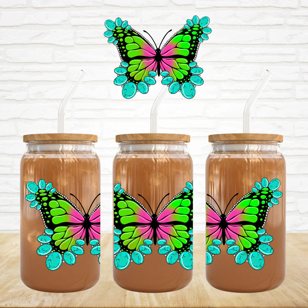 Butterfly in Neon with Turquoise accent 16 oz tumbler