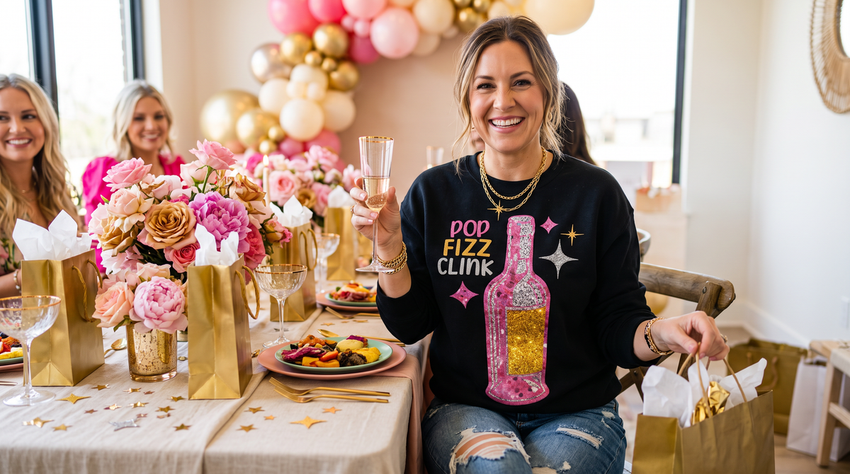 Pop Fizz Clink – Pink & Gold Glitter-Style Celebration Sweatshirt