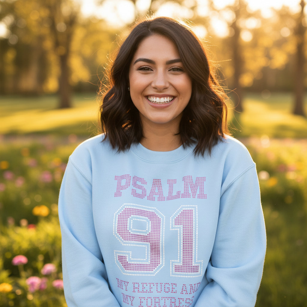 Psalm 91 in Fuchsia and Crystal Rhinestone Graphic Shirt - Angie's Custom Creations