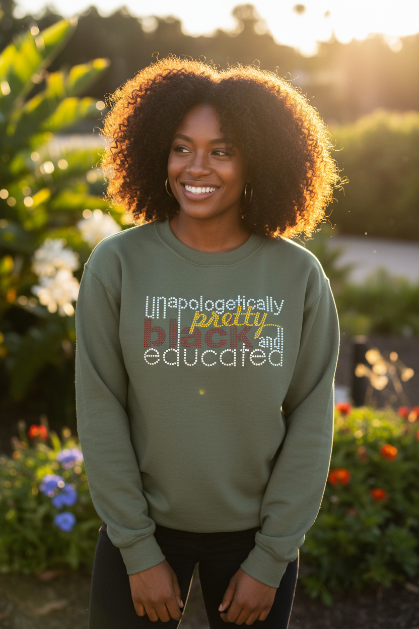 Unapologetically Pretty Black and Educated Rhinestone Graphic Shirt
