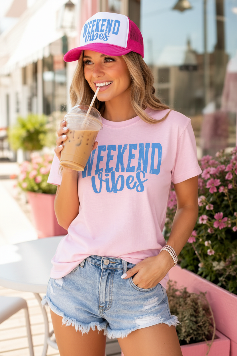 Weekend Vibes Matching graphic Hat & Tee Set bundle