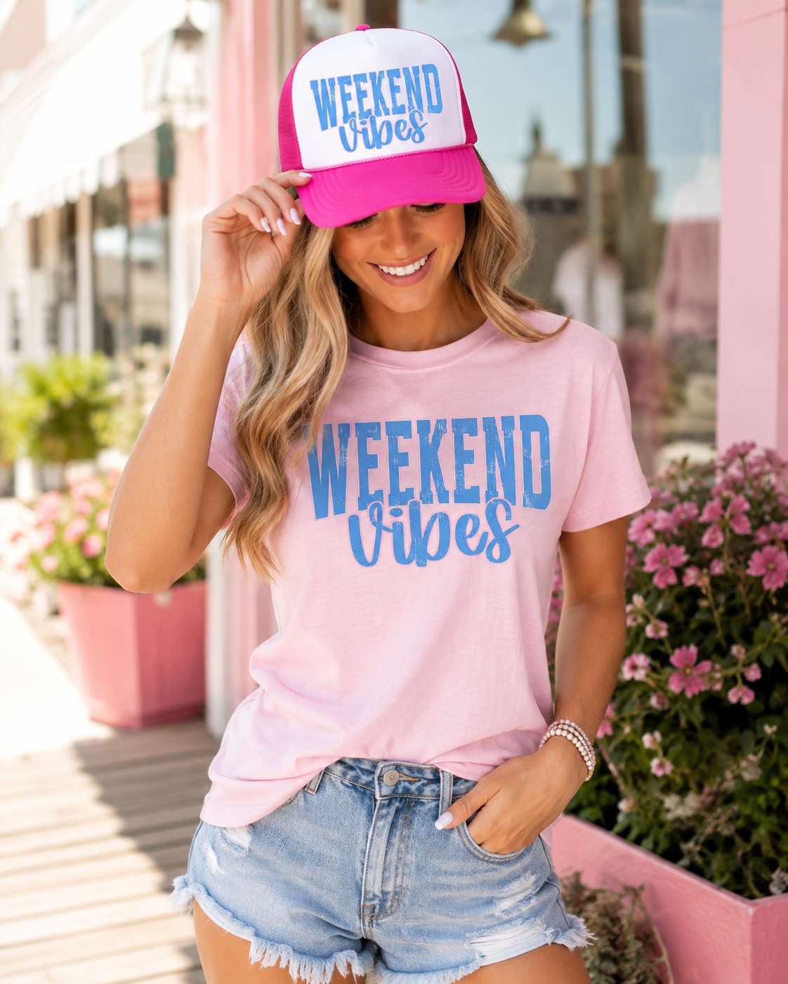 Weekend Vibes Matching graphic Hat & Tee Set bundle