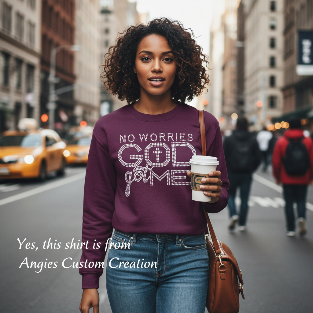 No Worries! God Got Me Rhinestone Graphic shirt Angie's Custom Creations
