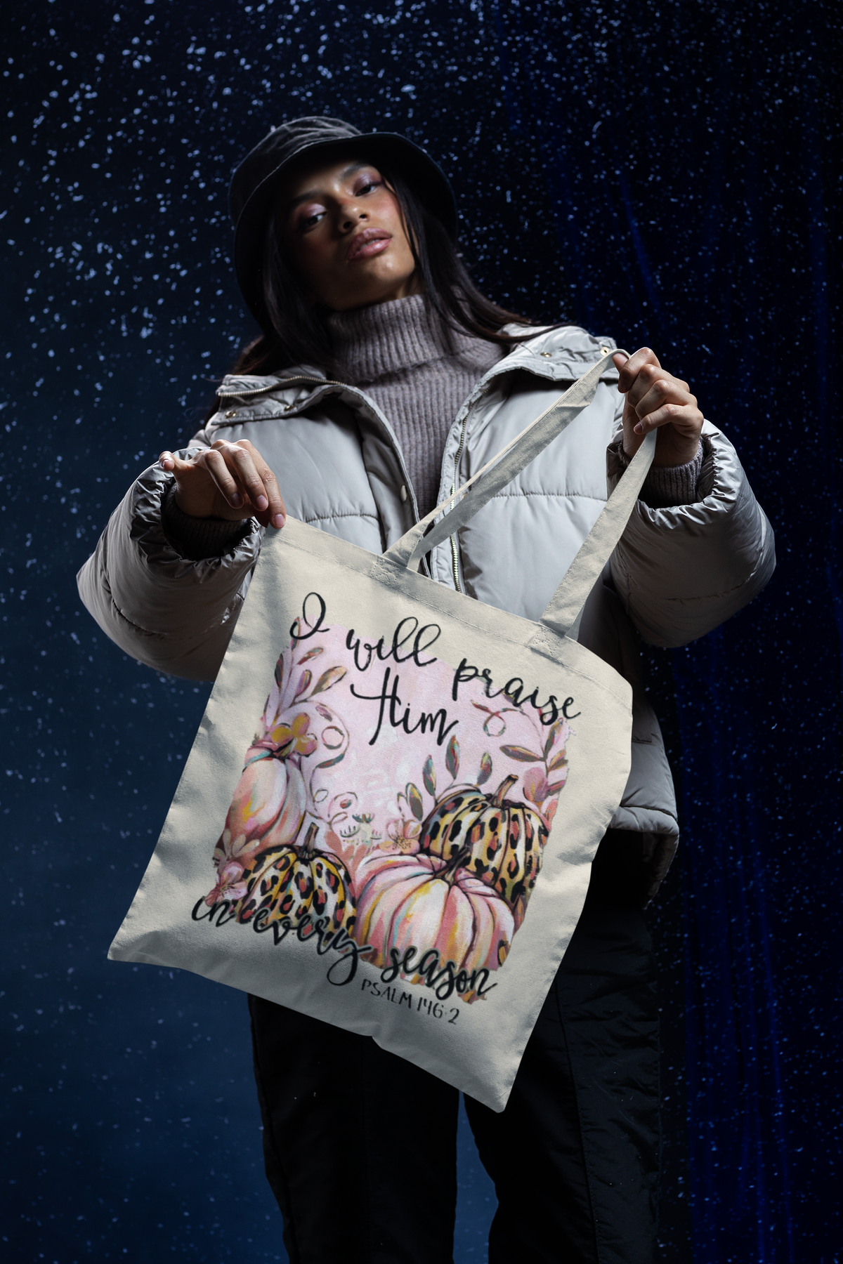 I Will Praise Him in Every Season – Faith-Inspired Fall Canvas Tote Bag