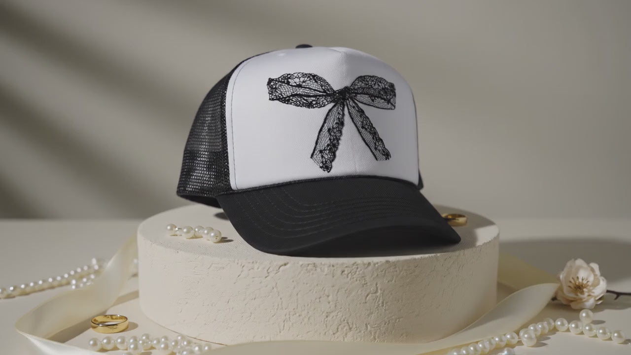 Faux Lace Bow Trucker Hat | Coquette Black & White Bow Hat