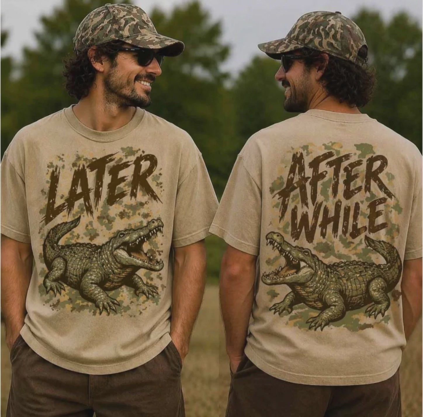 Later Gator After While Crocodile Camo front and back graphic shirt