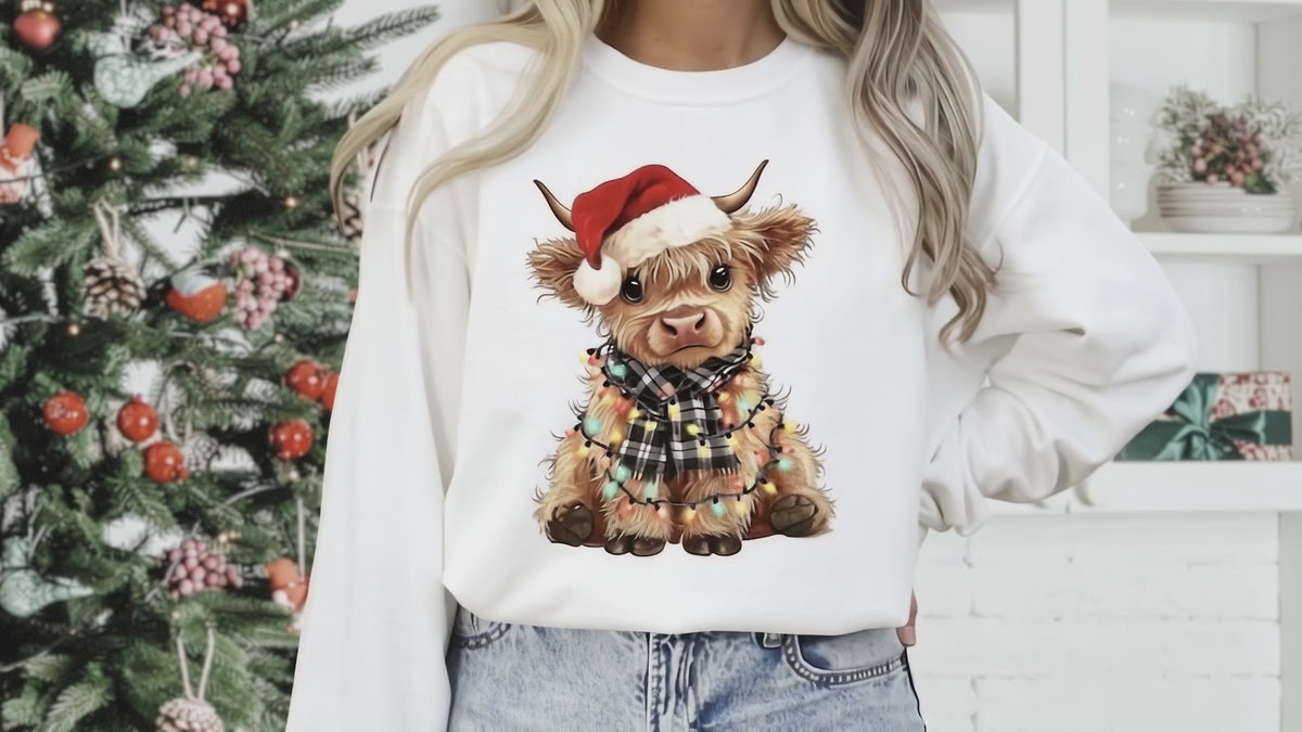 Highland Cow in Christmas lights glitter infused graphic shirt