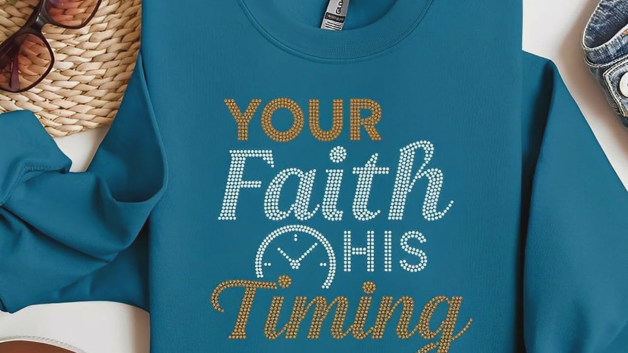 women's faith shirt Your Faith Gods Timing Brilliant Orange and Crystal Rhinestone Graphic Shirt
